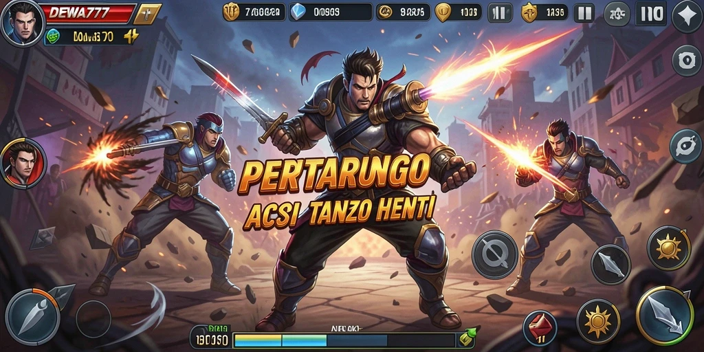 Tangkapan layar permainan DEWA777 yang menunjukkan aksi pertarungan yang intens.