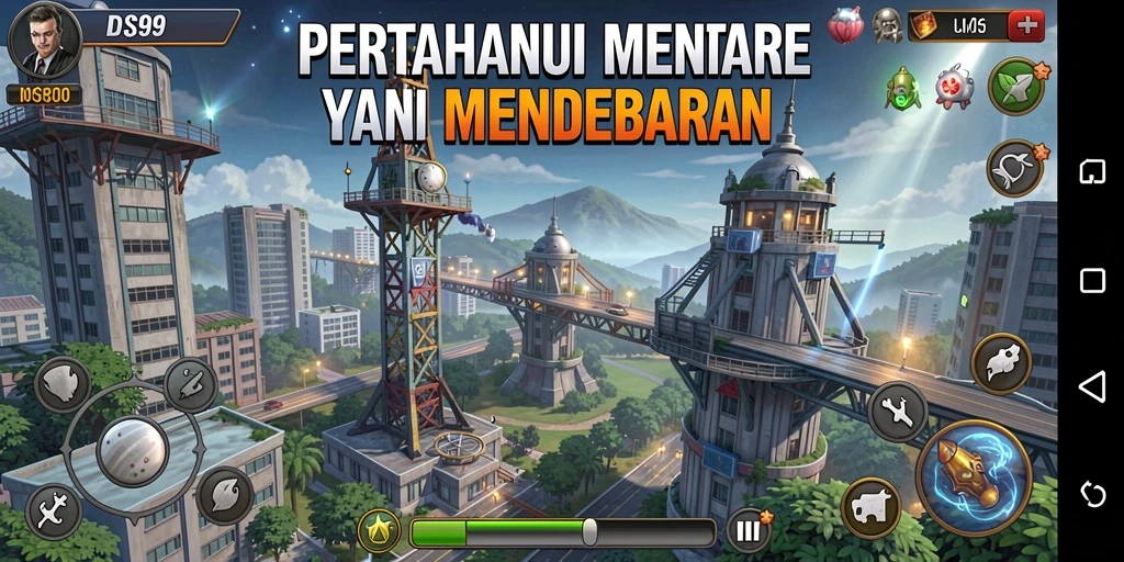 Screenshot gameplay DS99 menampilkan aksi menara dan strategi bertahan.