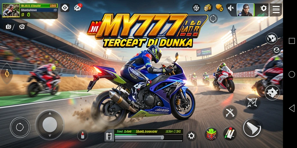 Tampilan screenshot <strong>MY777</strong> yang menunjukkan aksi balapan motor yang mendebarkan.