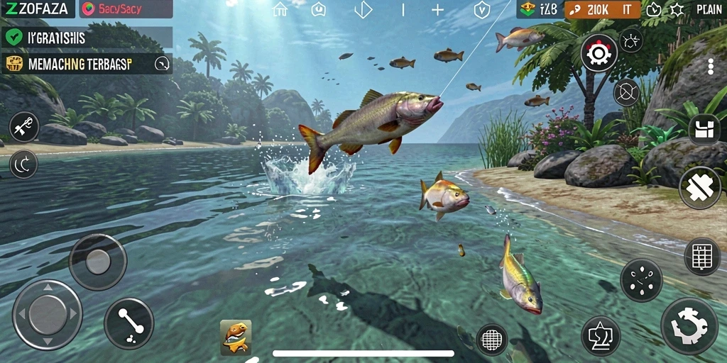 Tampilan gameplay ZOFAZA menunjukkan aksi memancing yang mendebarkan.